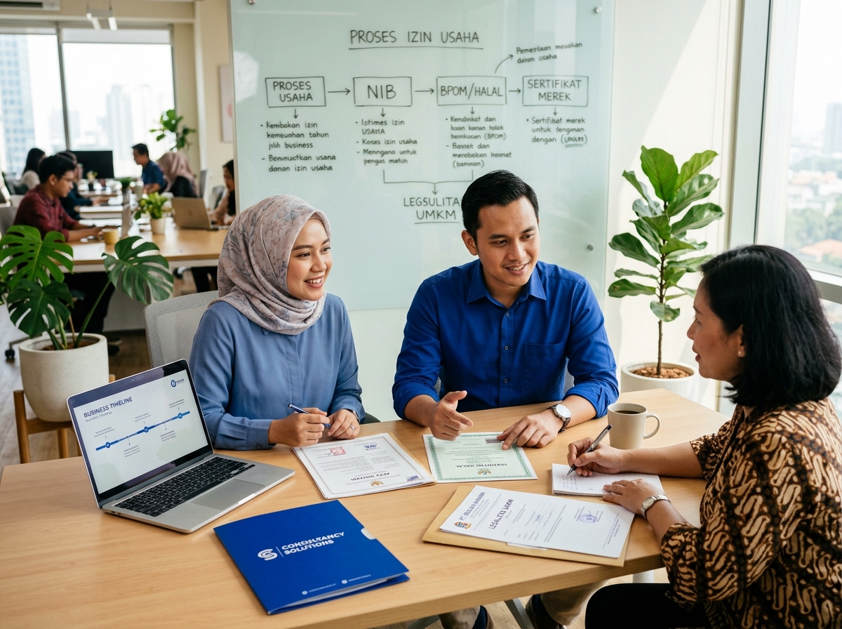 Interior kantor Legatara yang terang dan modern, dua konsultan berpakaian smart-casual berkolaborasi di meja kerja