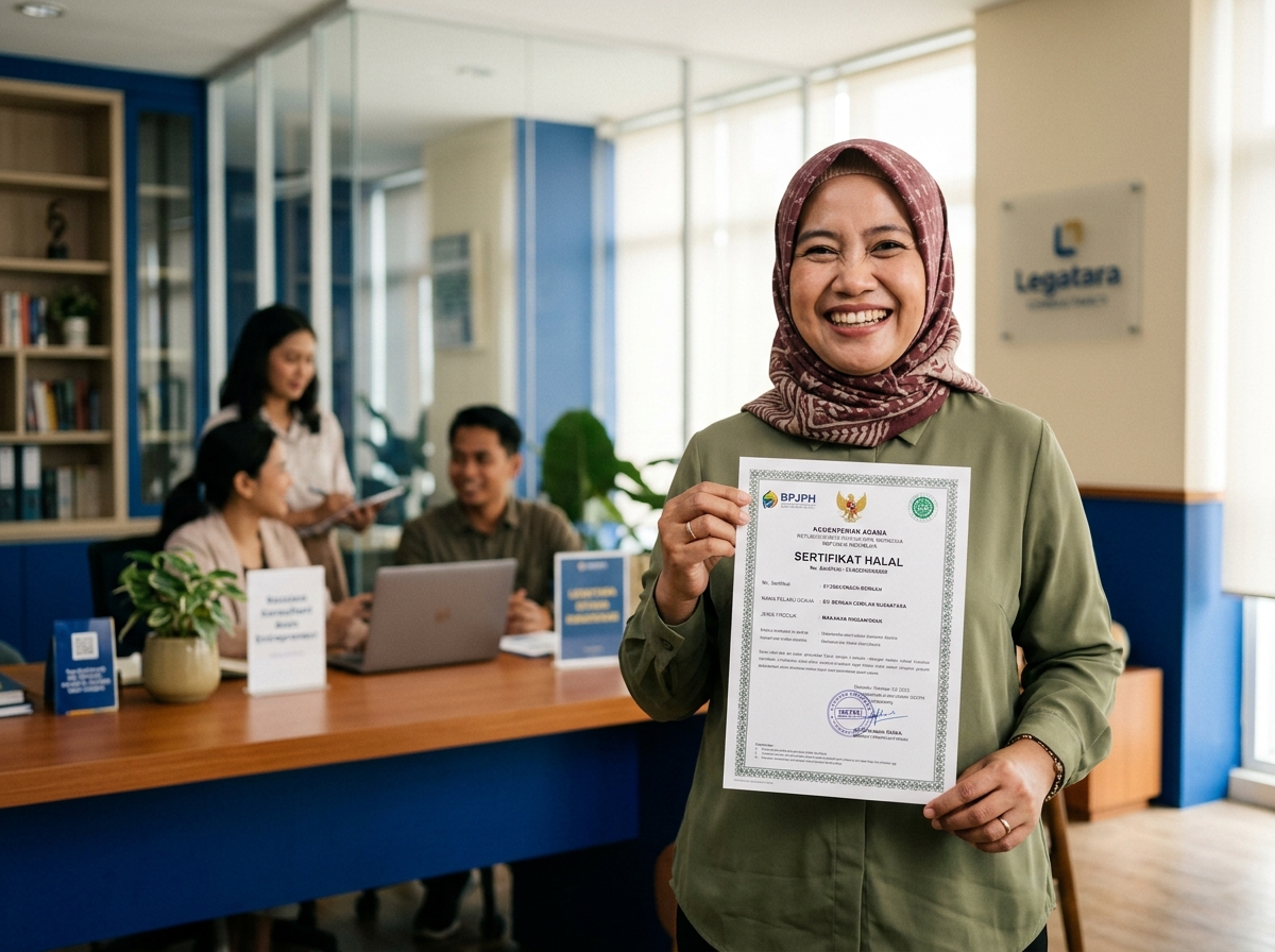 Pendiri brand snack UMKM tersenyum memegang sertifikat halal yang baru diterbitkan di kantor Legatara